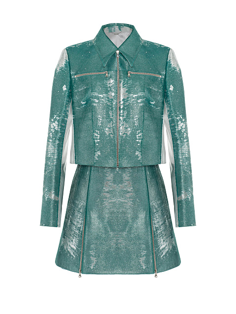 Turquoise leather set with cropped jacket and mini skirt, 1 Turquoise leather set with cropped jacket and mini skirt, 1