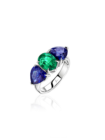 White gold ring with emerald and sapphire, 1
