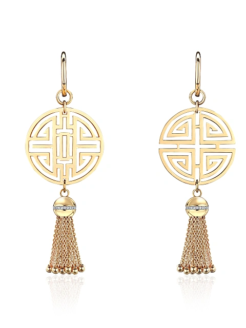 Yellow gold tassel earrings with round-cut diamonds, 1