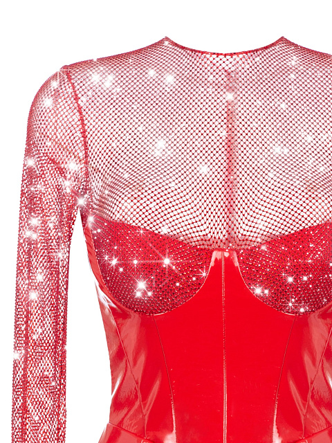 Red Leather & Rhinestones Mesh Mini Dress, 3