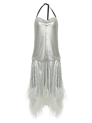 Feathers Trimmed Metallic Mesh Dress, 1