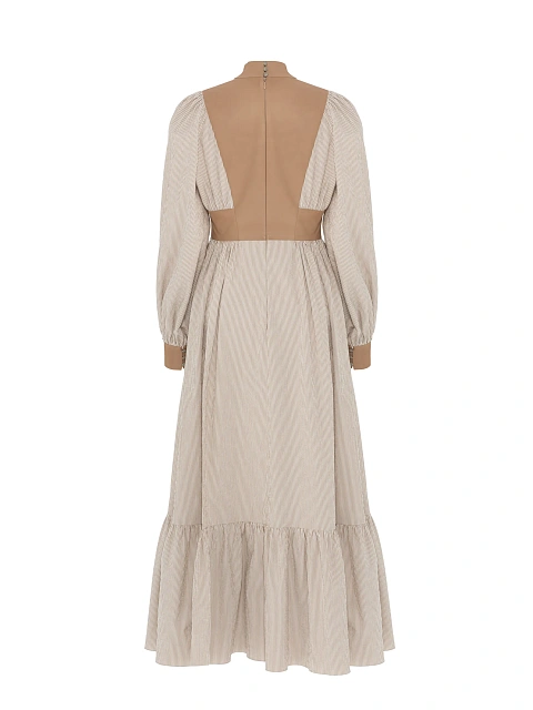 Beige Leather Trim Striped Cotton Maxi Dress, 2 Beige Leather Trim Striped Cotton Maxi Dress, 2