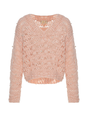 Pink Cashmere And Silk Cropped Pullover With Pearl Embroidery, 1
