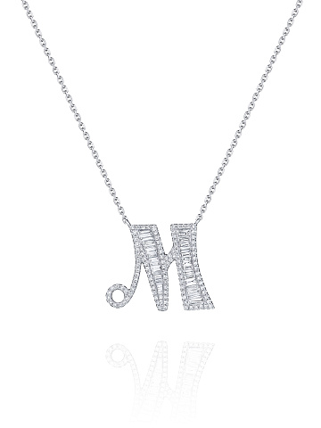White gold diamond pendant necklace in the shape of the letter M, 1