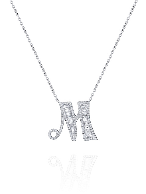 White gold diamond pendant necklace in the shape of the letter M, 1