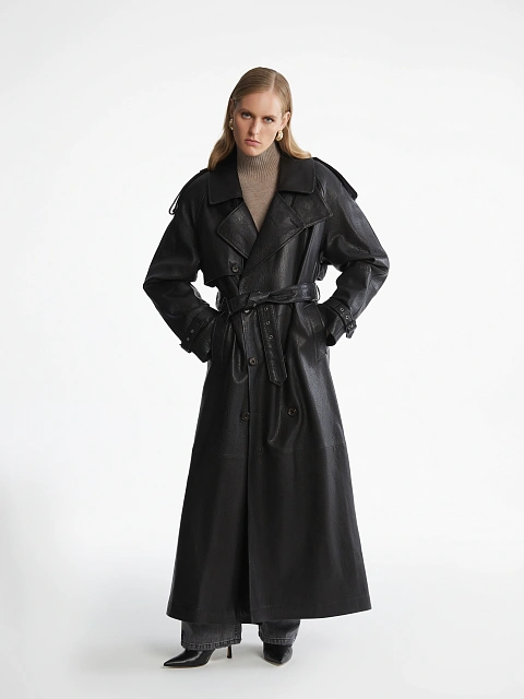 Black Textured Leather Trench Coat, 6 Black Textured Leather Trench Coat, 6
