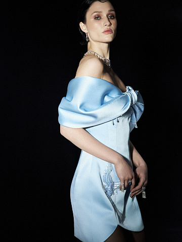 Light Blue Embroidered & Draped Silk Mini Dress, 2