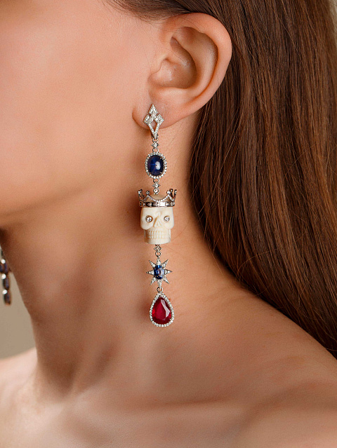 White Gold, Rubies & Sapphires Skull Earrings, 3