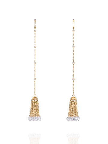 Briolette Rock Crystal, Round Topaz & Gold Tassel Earrings, 1