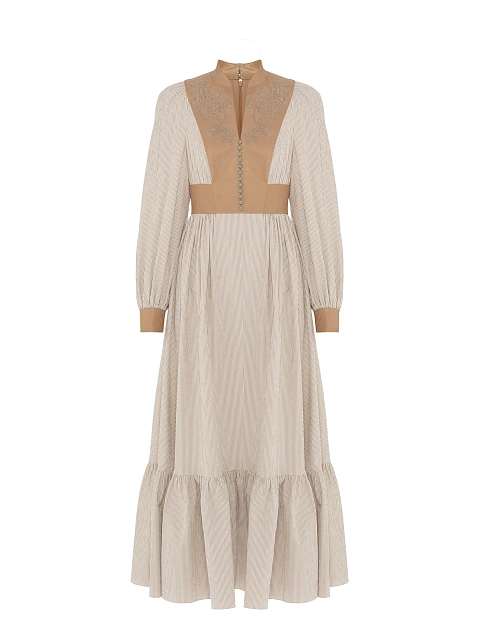 Beige Leather Trim Striped Cotton Maxi Dress, 1 Beige Leather Trim Striped Cotton Maxi Dress, 1