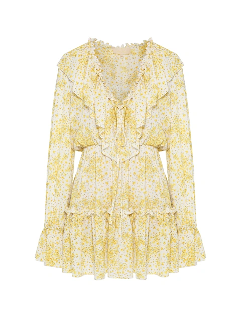 Yellow mini dress with floral print and ruffles, 1 Yellow mini dress with floral print and ruffles, 1