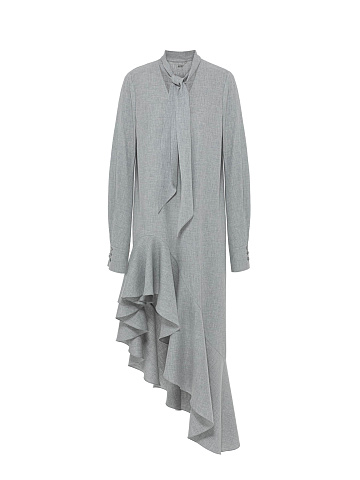 Gray Suiting Dress With Asymmetrical Hem And Tie, 1