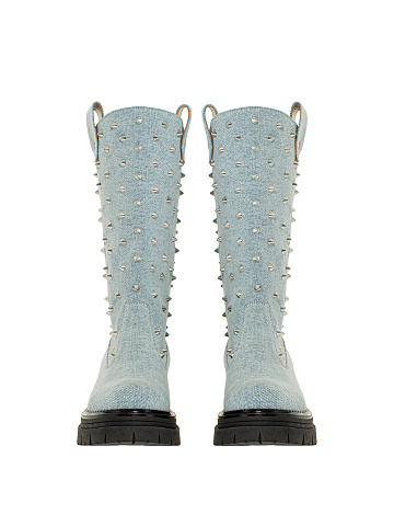 Light Blue Studded Denim Boots, 2