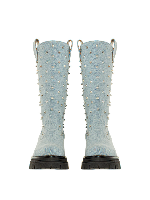 Light Blue Studded Denim Boots, 2