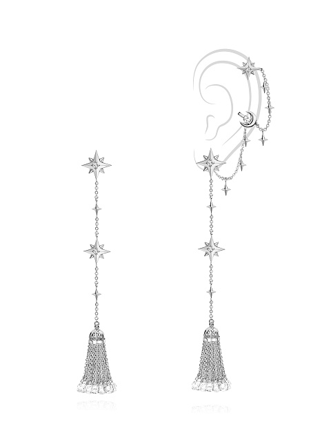 Briolette Rock Crystal & Round White Topaz Tassel Earrings, 1
