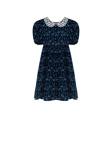 Girl's Blue Printed Lace Trim Dress, 1