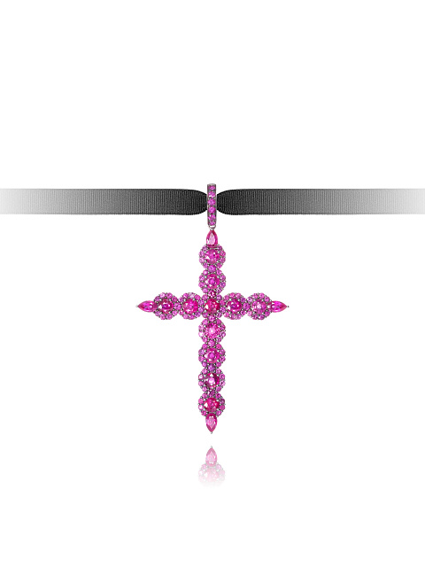Cross-shaped pendant in blackened gold with rubies, 1
