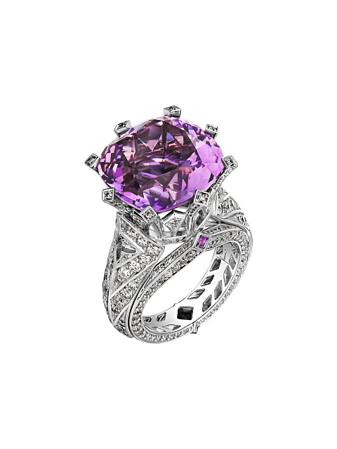 Cushion Amethyst, Grey Round Diamond & White Gold Ring, 1