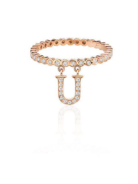 Round Diamond & Rose Gold "U" Letter Ring, 1