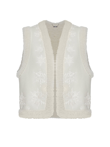 White Cropped Sheepskin Vest With Snowflake Embroidery, 1