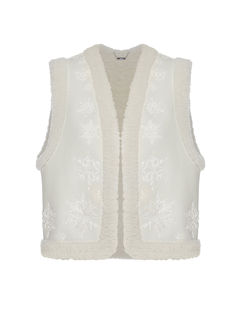 White Cropped Sheepskin Vest With Snowflake Embroidery, 1