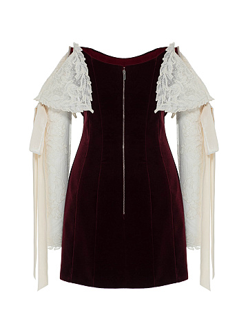 Burgundy Velvet Dress With Lace Sleeves And Ribbons, 2