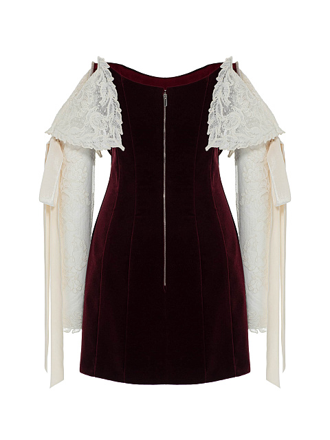Burgundy Velvet Dress With Lace Sleeves And Ribbons, 2