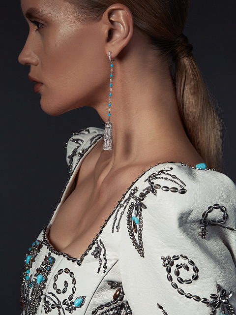 Briolette Diamond & Bead Turquoise & White Gold Tassel Earrings, 6