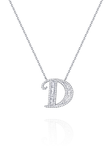 Necklace with a pendant in white gold and diamonds in the shape of the letter D, 1