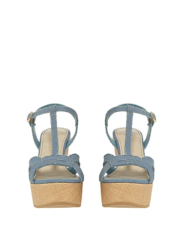 Blue Denim Wedge Sandals, 2
