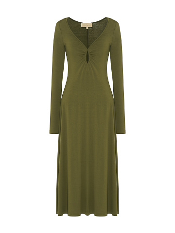 Khaki Green Rayon Jersey Midi Dress, 1