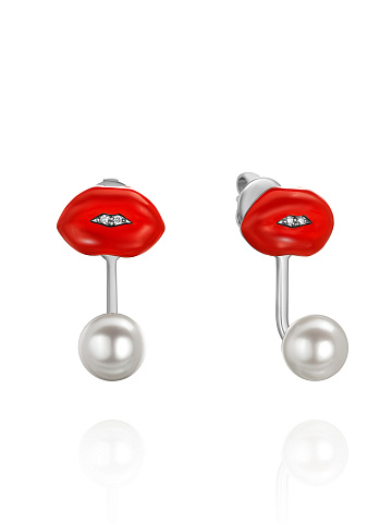 Bead Pearl, Round Diamond, Red Enamel & White Gold Earrings, 1