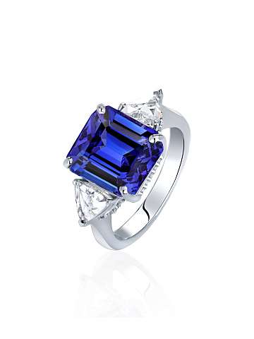 Rectangular Tanzanite & Trillion Diamond & White Gold Ring, 1