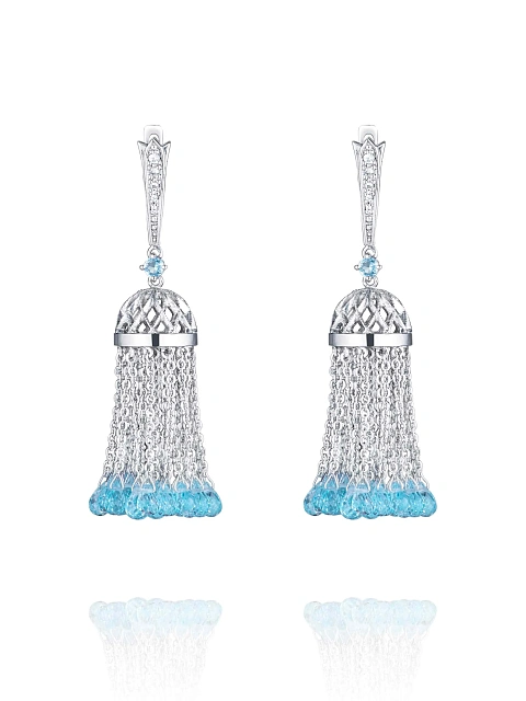White gold tassel earrings with Sky topazes and sapphires, 1