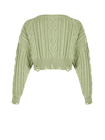 Olive Green Cotton Cropped Cable Knit Sweater, 2
