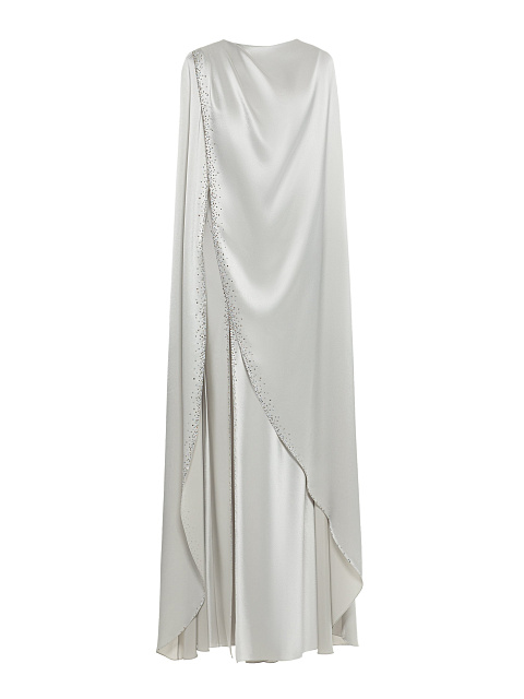 Light Gray Draped Silk Maxi Dress With Rhinestones, 1