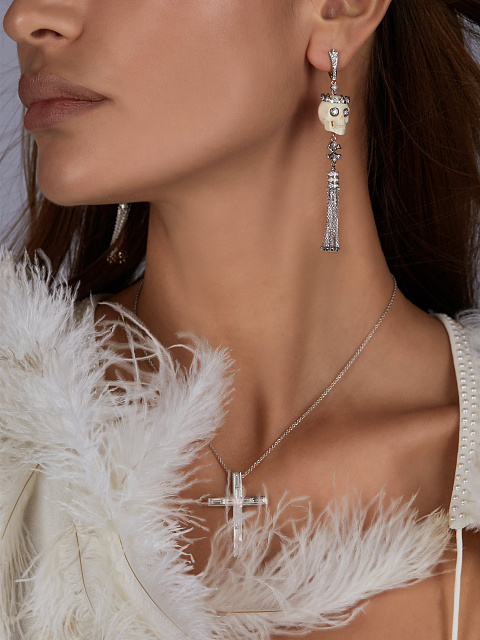 White Gold, Diamonds & Mammoth Tusk Skull Tassel Earrings, 3