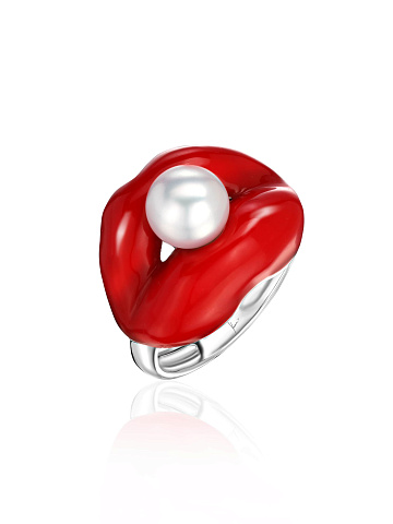 White gold ring with red enamel and white pearl bead, 1