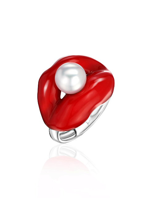 White gold ring with red enamel and white pearl bead, 1