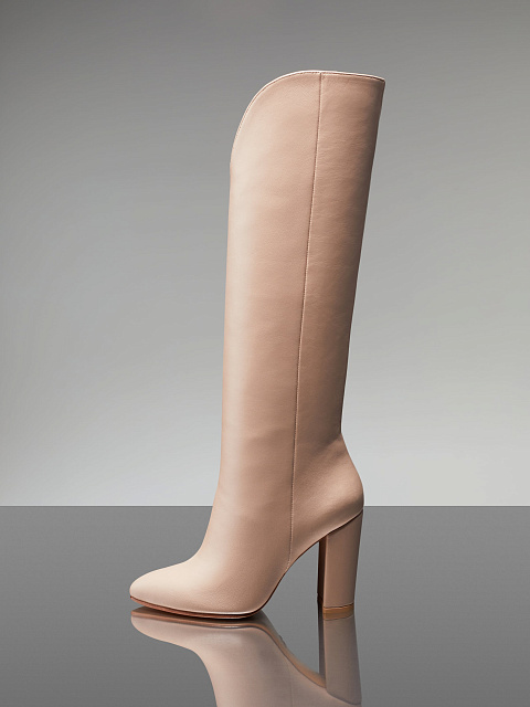 Eggshell Leather Heeled Tall Boots, 5