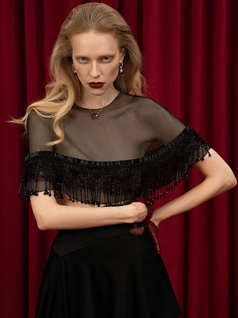 Black Organza Cape With Beaded Fringe, 2 Black Organza Cape With Beaded Fringe, 2