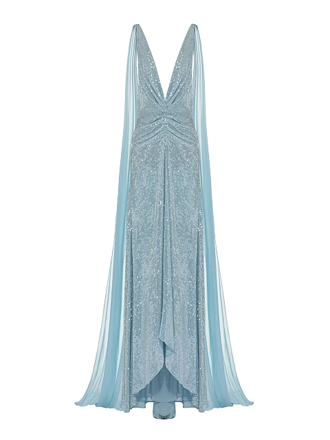 Light Blue Sequin Silk Maxi Dress With Chiffon Tail , 1 Light Blue Sequin Silk Maxi Dress With Chiffon Tail , 1