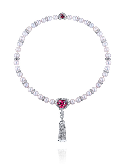 White Gold Heart-Shaped Garnet & Tourmaline & Diamond & Pearl Necklace, 3