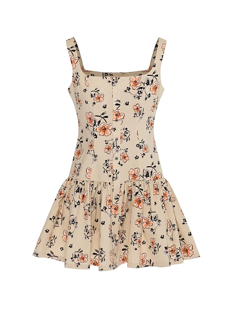 Beige cotton mini dress with floral print, 1 Beige cotton mini dress with floral print, 1