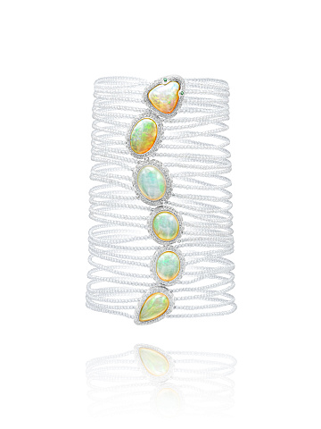 White Gold, Diamonds, Opals & Tsavorites Wide Bracelet, 1
