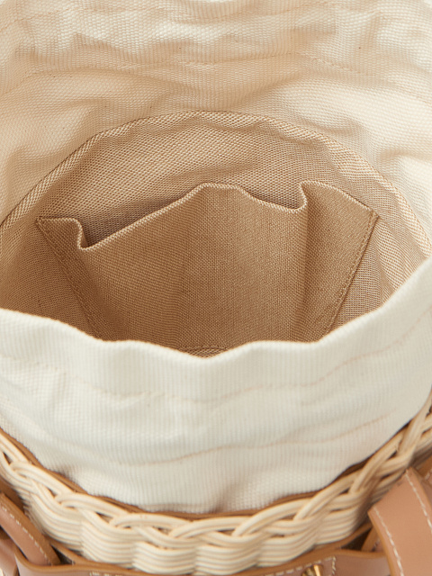 Brown Leather Trimmed Straw Bucket Bag, 4