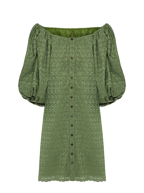 Green dress, straight silhouette, flashlight sleeve, button placket, 1 Green dress, straight silhouette, flashlight sleeve, button placket, 1