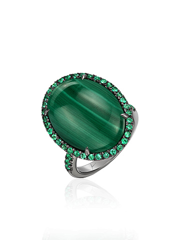 Oxidized gold ring with malachite and emeralds, 1