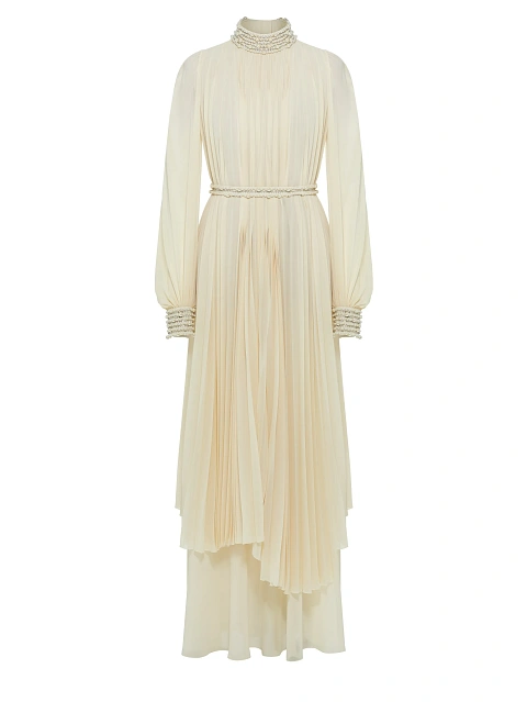 Beige Plisse Chiffon Maxi Dress, 1 Beige Plisse Chiffon Maxi Dress, 1