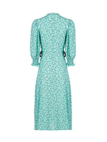 Turquoise Flower Printed Lace Up Midi Dress, 2